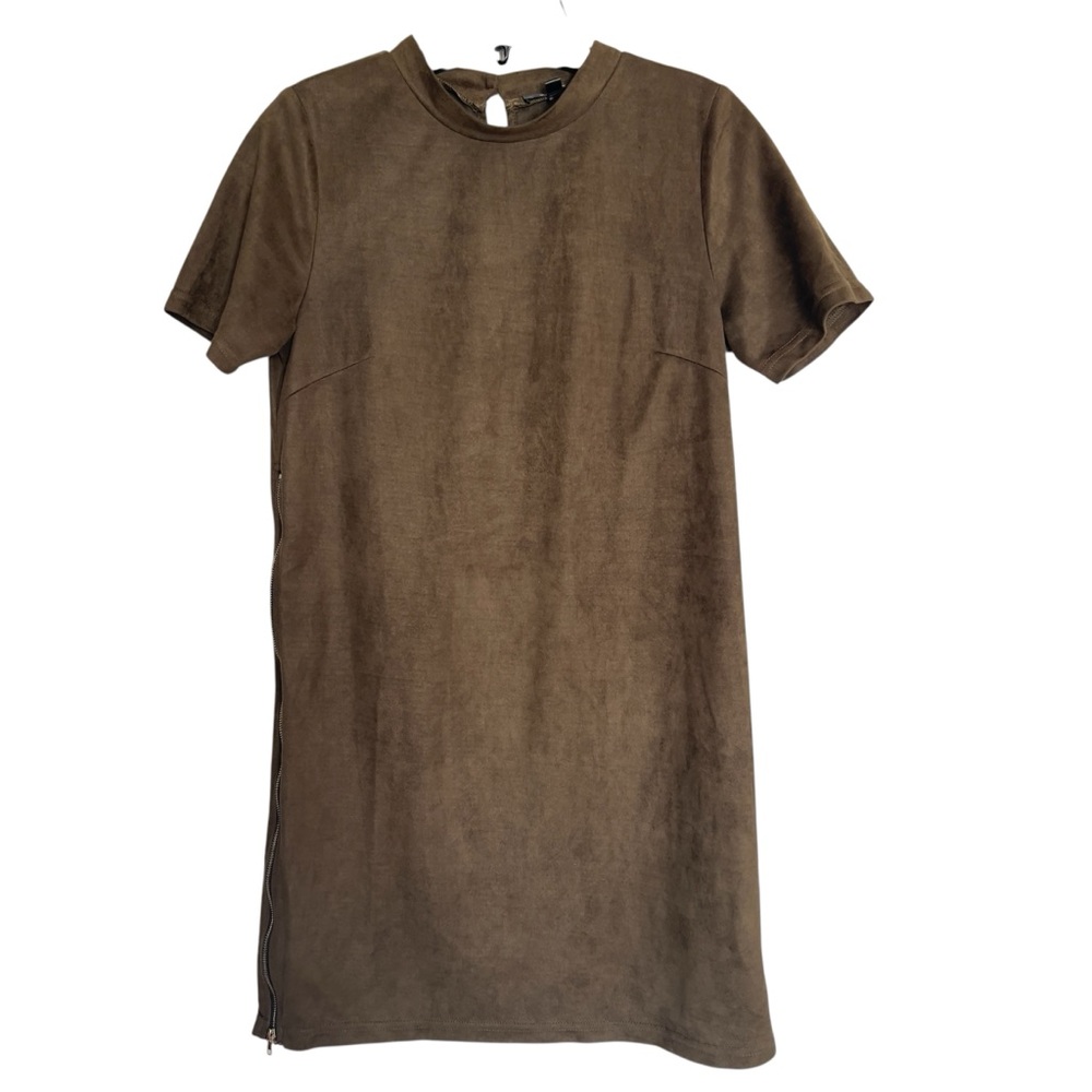 Faux Suede Dark Olive Green Side Zip Short Sleeve Mini Dress Women’s Size Small